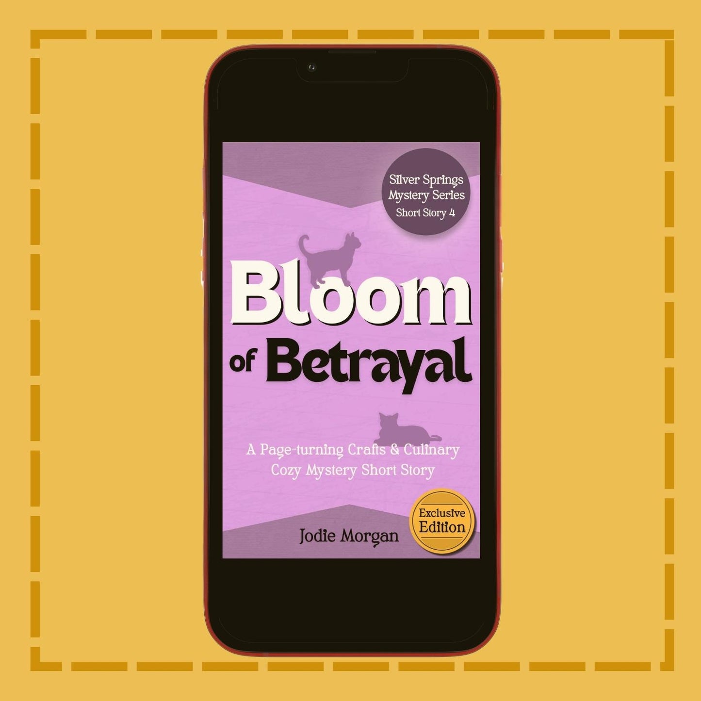 Phone displaying the book cover of 'Bloom of Betrayal' on a yellow background