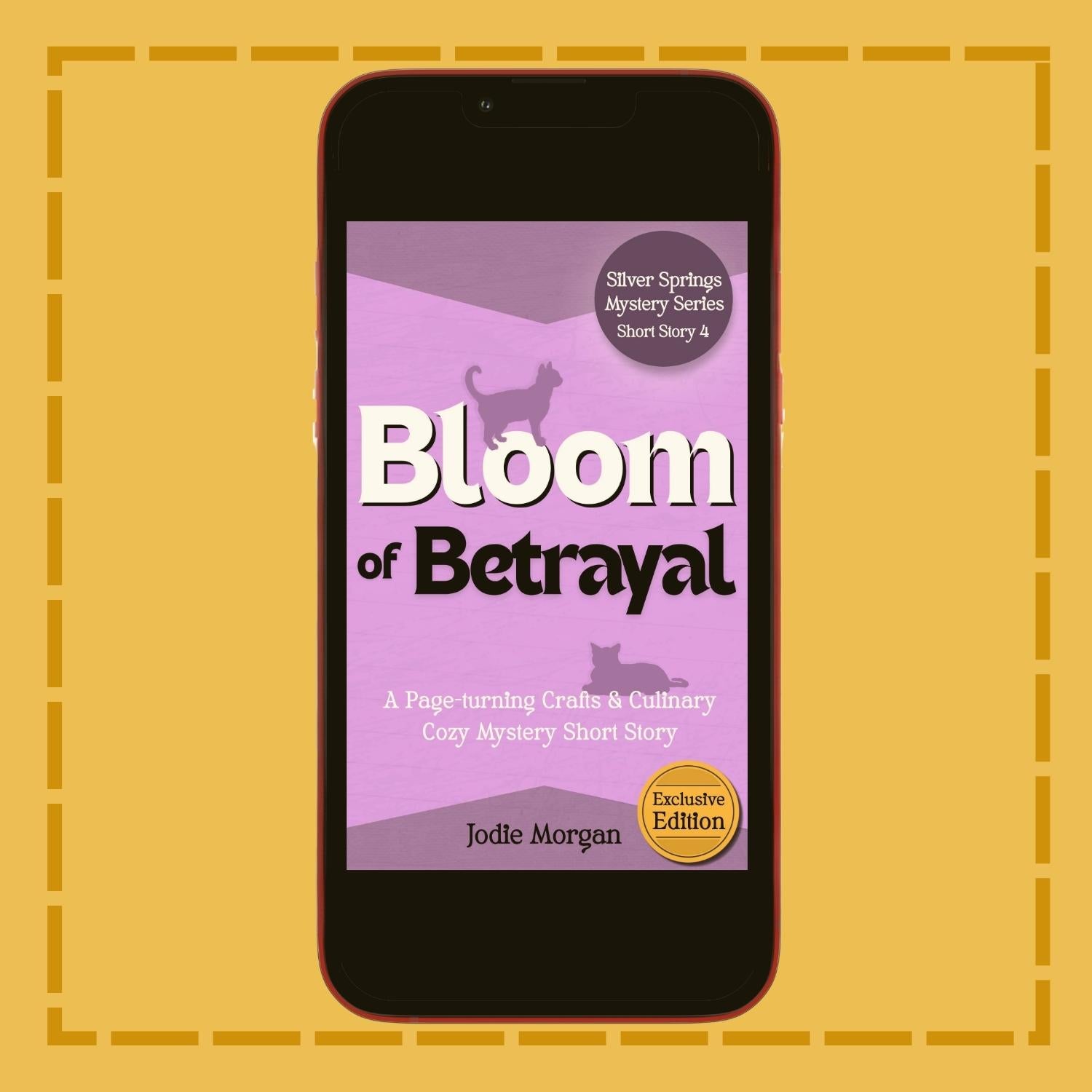 Phone displaying the book cover of 'Bloom of Betrayal' on a yellow background