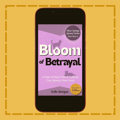 Phone displaying the book cover of 'Bloom of Betrayal' on a yellow background