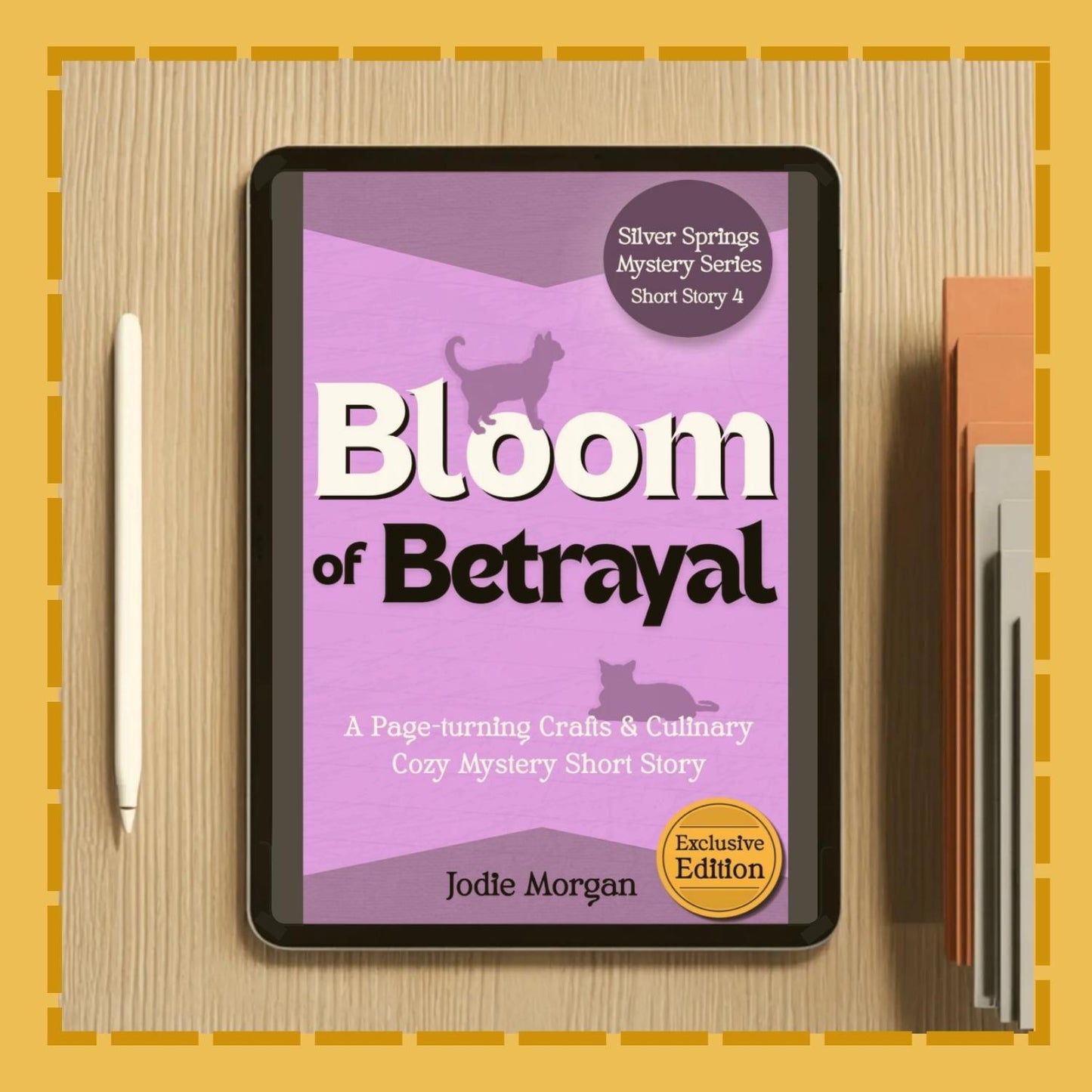 Ebook cover of 'Bloom of Betrayal' on a tablet with a pen and book on a wooden surface