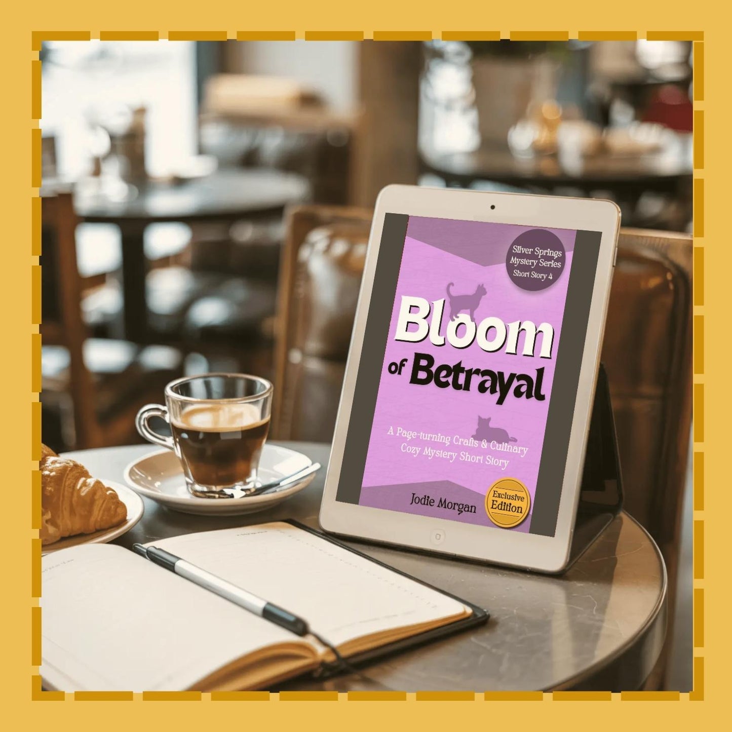 Tablet displaying 'Bloom of Betrayal' on a table with a cup of coffee and pastry.