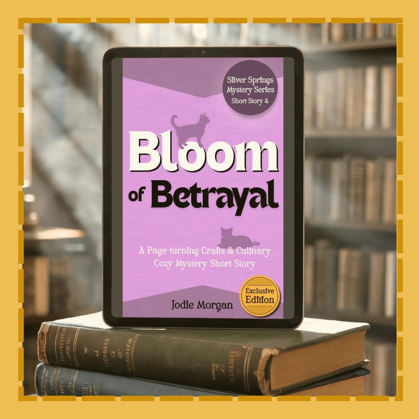 E-reader displaying 'Bloom of Betrayal' on top of books with a blurred bookshelf background