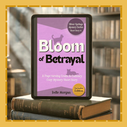 E-reader displaying 'Bloom of Betrayal' on top of books with a blurred bookshelf background