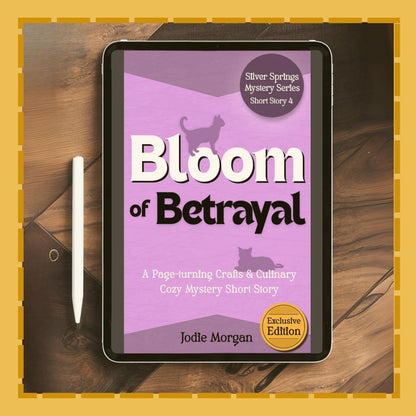 E-reader displaying the book cover of 'Bloom of Betrayal' on a wooden surface.