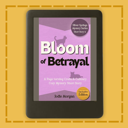E-reader displaying the book cover of 'Bloom of Betrayal' on a yellow background