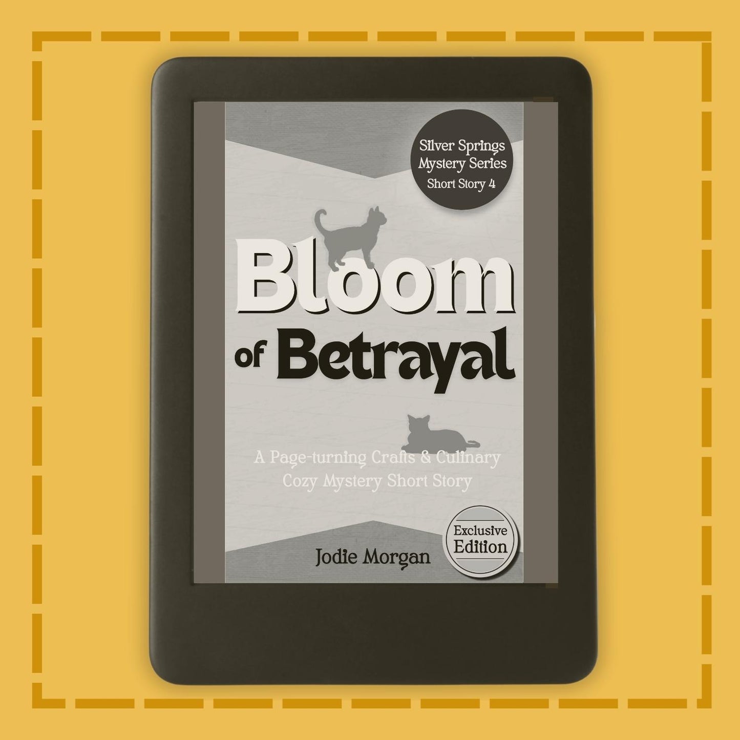 E-reader displaying the book cover of 'Bloom of Betrayal' on a yellow background