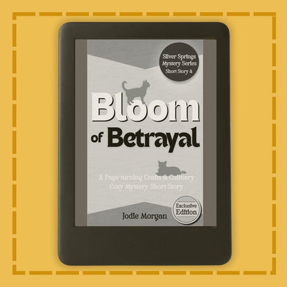 E-reader displaying the book cover of 'Bloom of Betrayal' on a yellow background