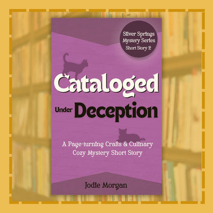 Book cover of 'Cataloged Under Deception' by Jodie Morgan with a purple background and cat illustrations.