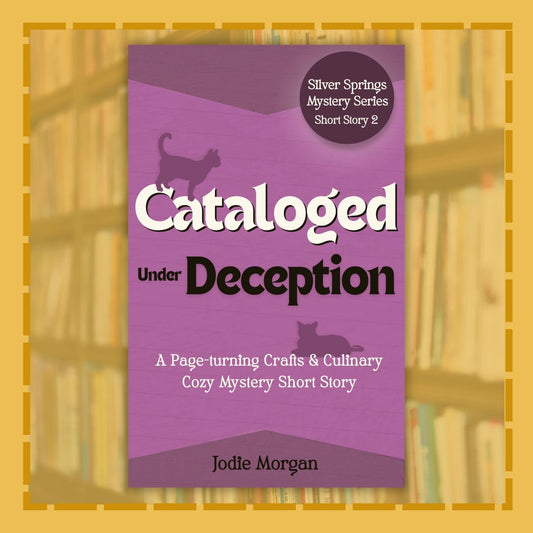 Book cover of 'Cataloged Under Deception' by Jodie Morgan with a purple background and cat illustrations.