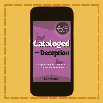 Phone displaying a book cover titled 'Cataloged Under Deception' on a yellow background