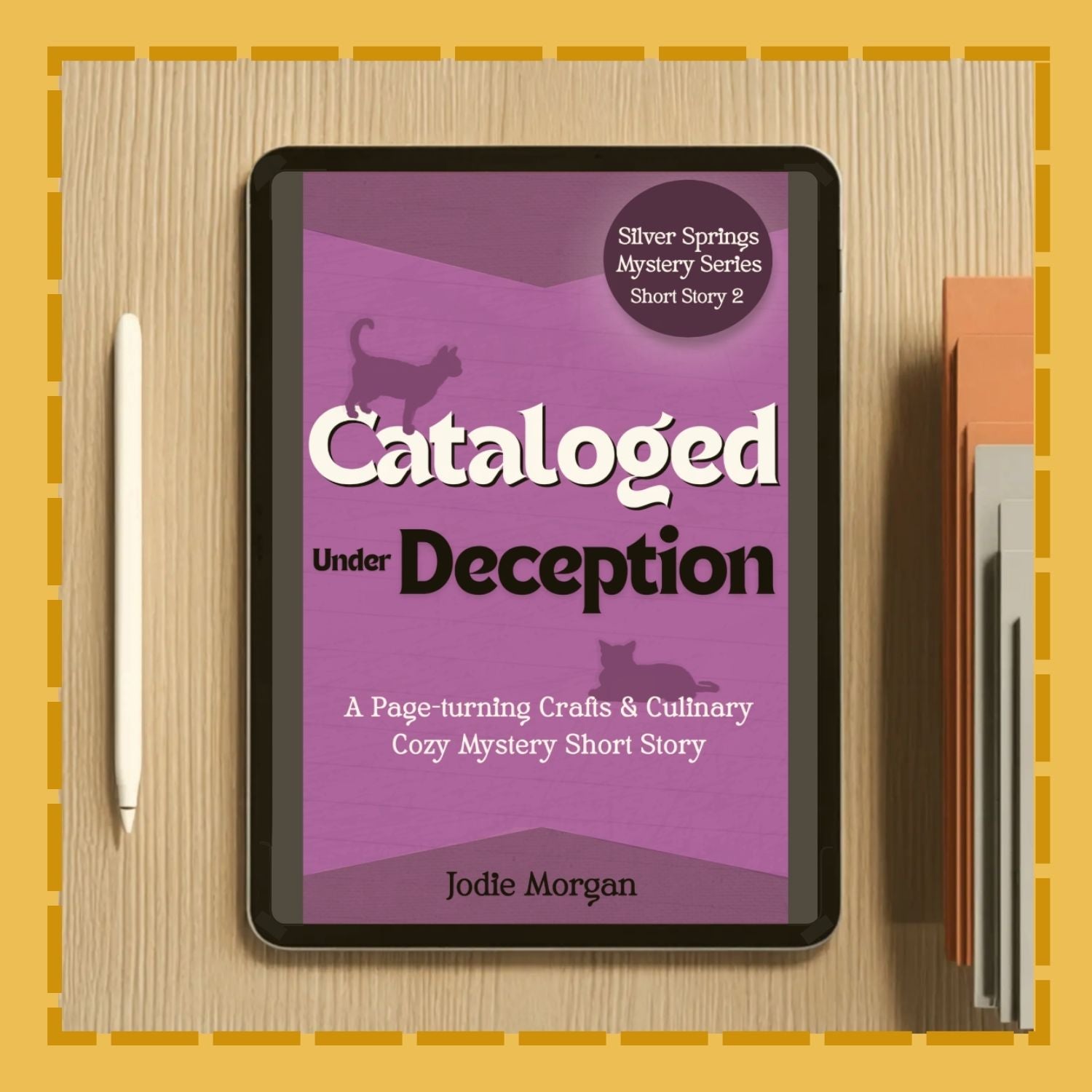 Ebook cover of 'Cataloged Under Deception' on a digital device with a pen and book on a wooden surface.