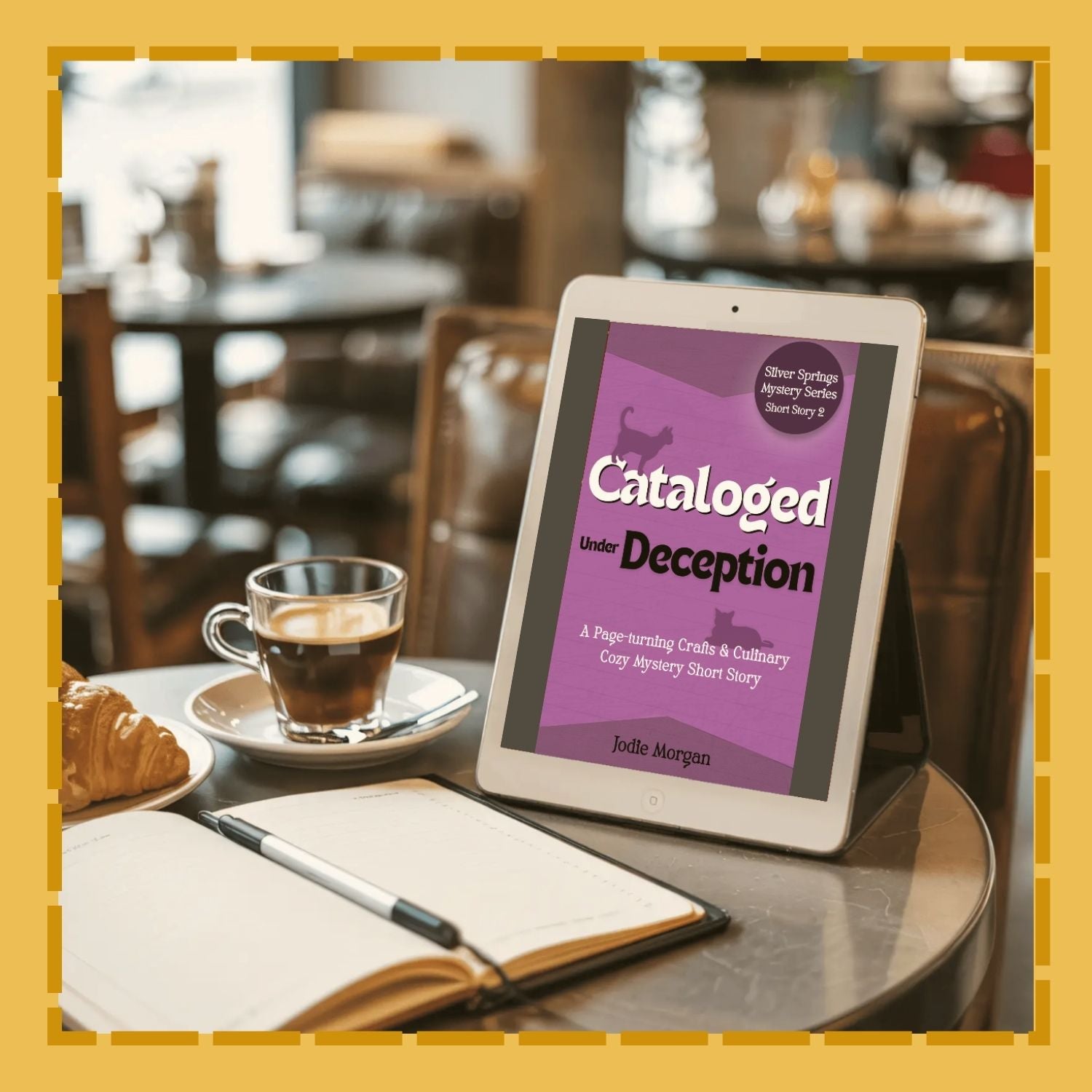 Tablet displaying a book cover on a table with a cup of coffee and a pastry.