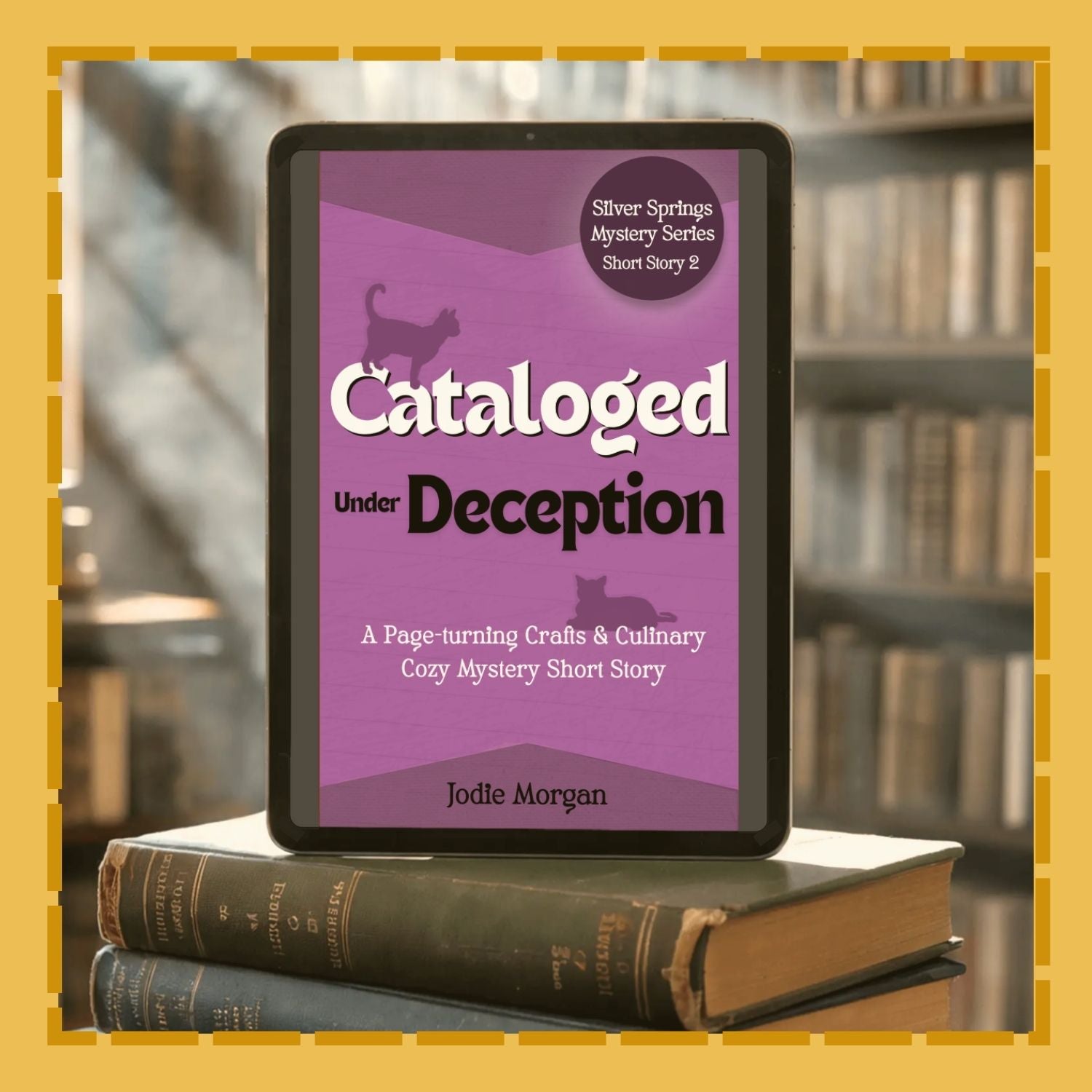 E-reader displaying a book cover titled 'Cataloged Under Deception' on top of physical books with a blurred library background.