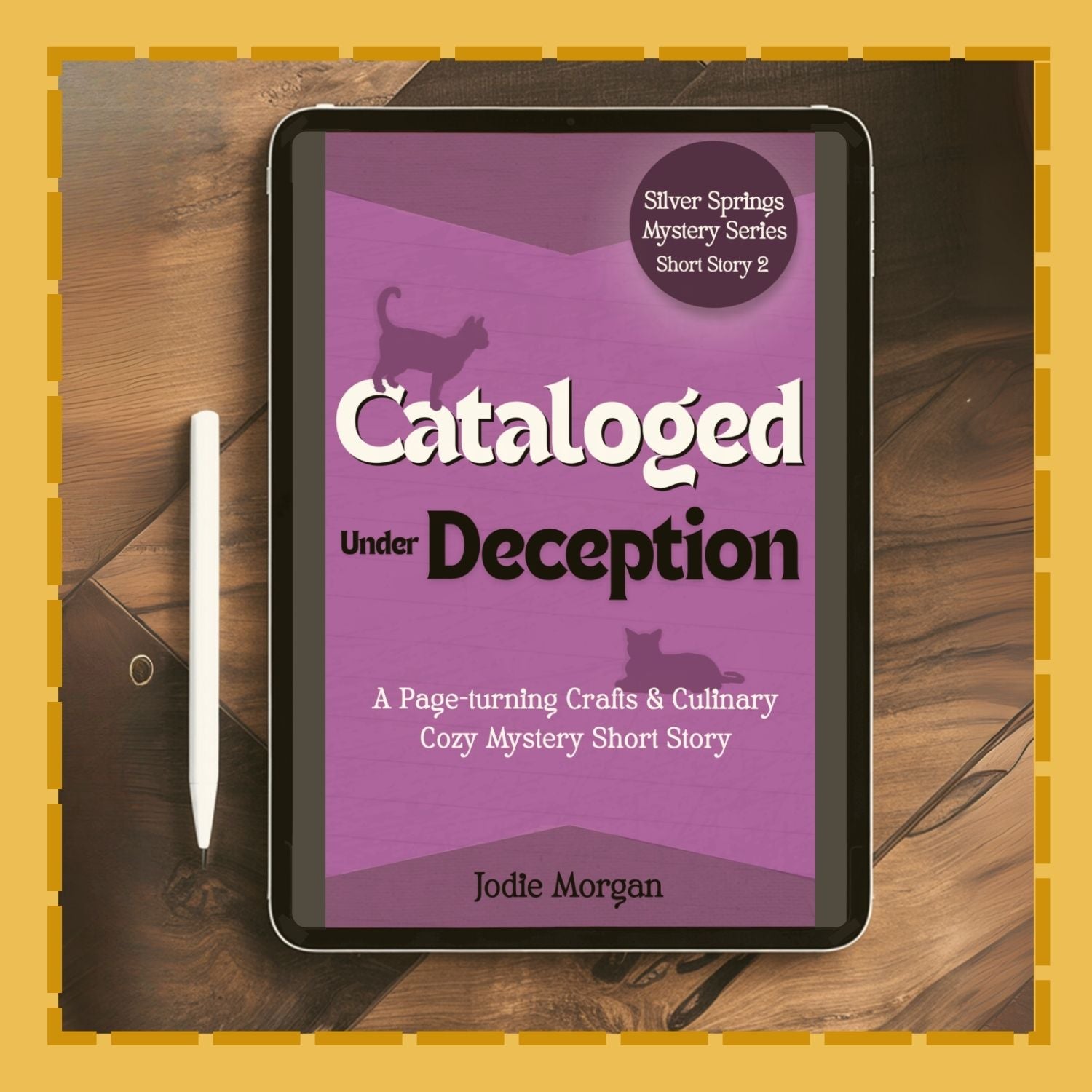 E-reader displaying a book cover titled 'Cataloged Under Deception' on a wooden surface.
