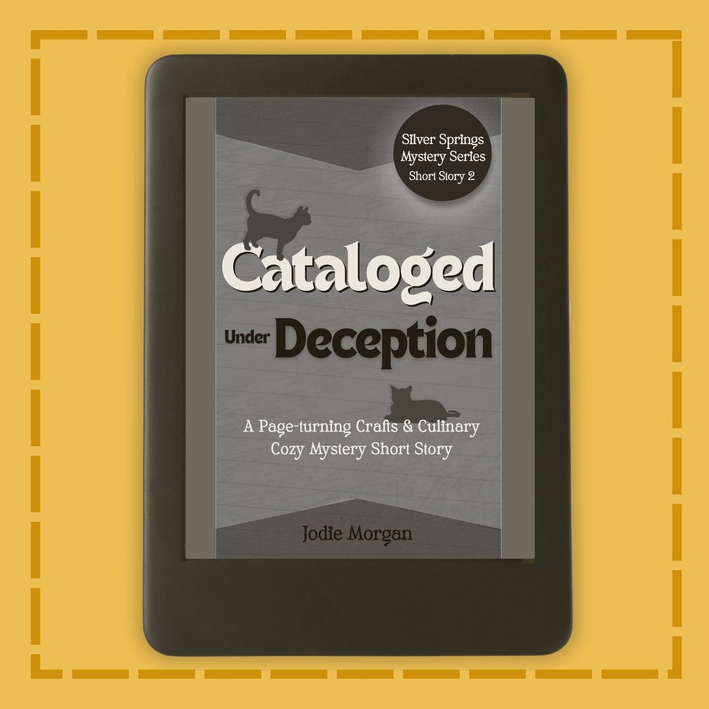 E-reader displaying a book cover titled 'Cataloged Under Deception' on a yellow background