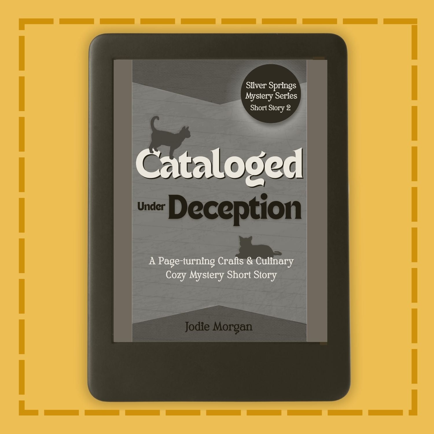 E-reader displaying a book cover titled 'Cataloged Under Deception' on a yellow background