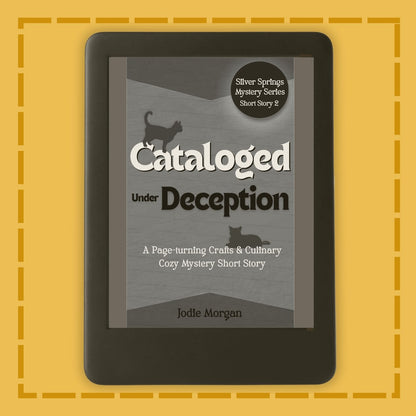 E-reader displaying a book cover titled 'Cataloged Under Deception' on a yellow background