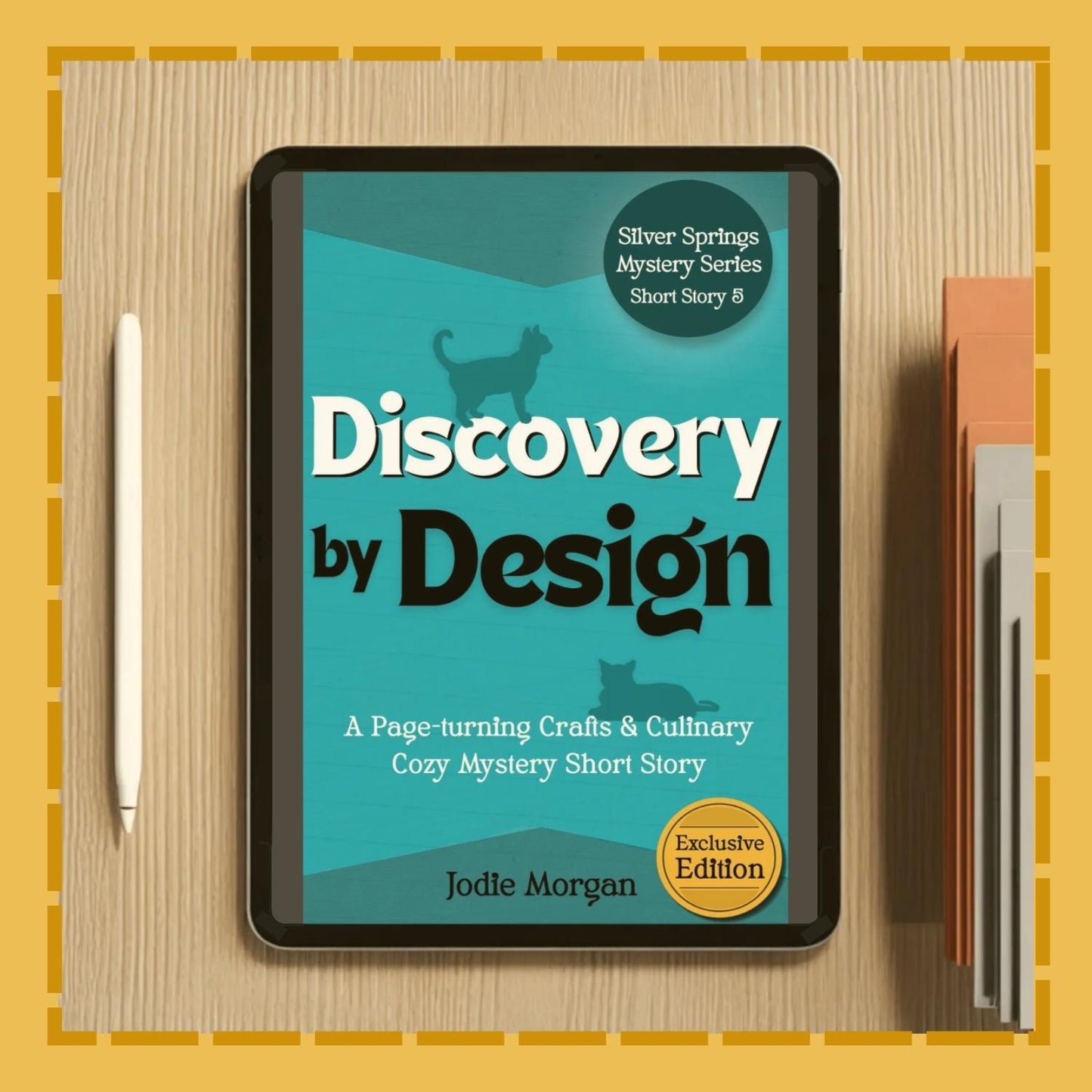 Ebook cover of 'Discovery by Design' on a tablet with a pen and book on a wooden surface