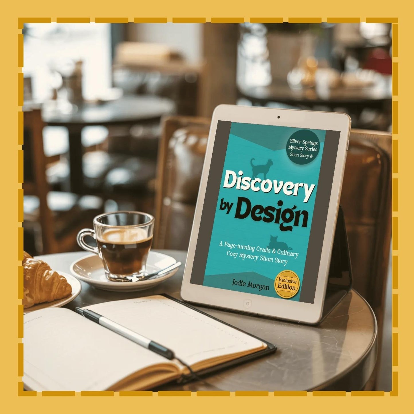Tablet displaying 'Discovery by Design' on a table with a cup of coffee and a pastry.