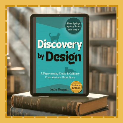 E-reader displaying 'Discovery by Design' on top of books with a blurred bookshelf background