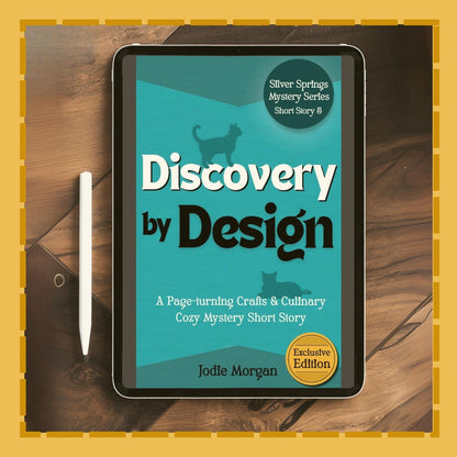 Tablet displaying the book cover 'Discovery by Design' on a wooden surface.