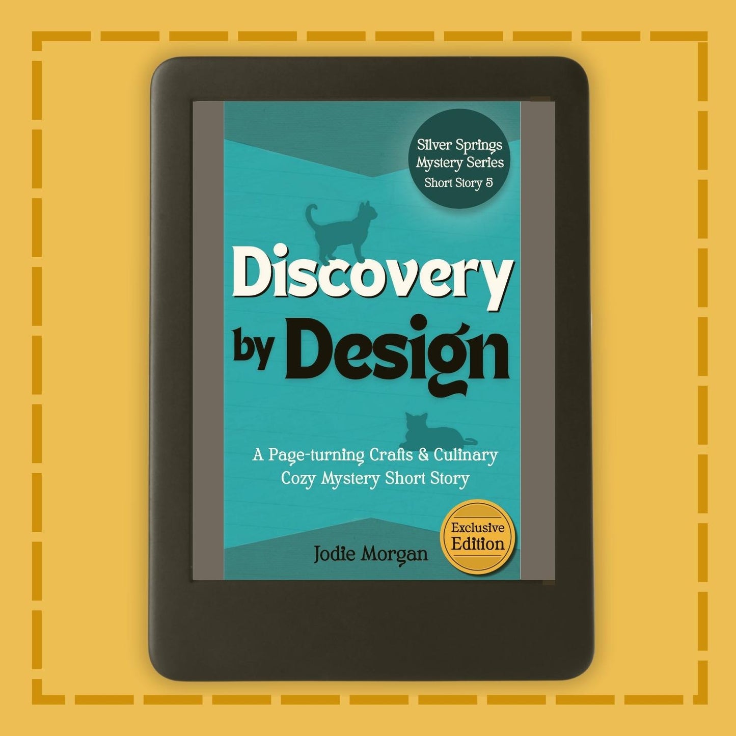 E-reader displaying a book cover titled 'Discovery by Design' on a yellow background