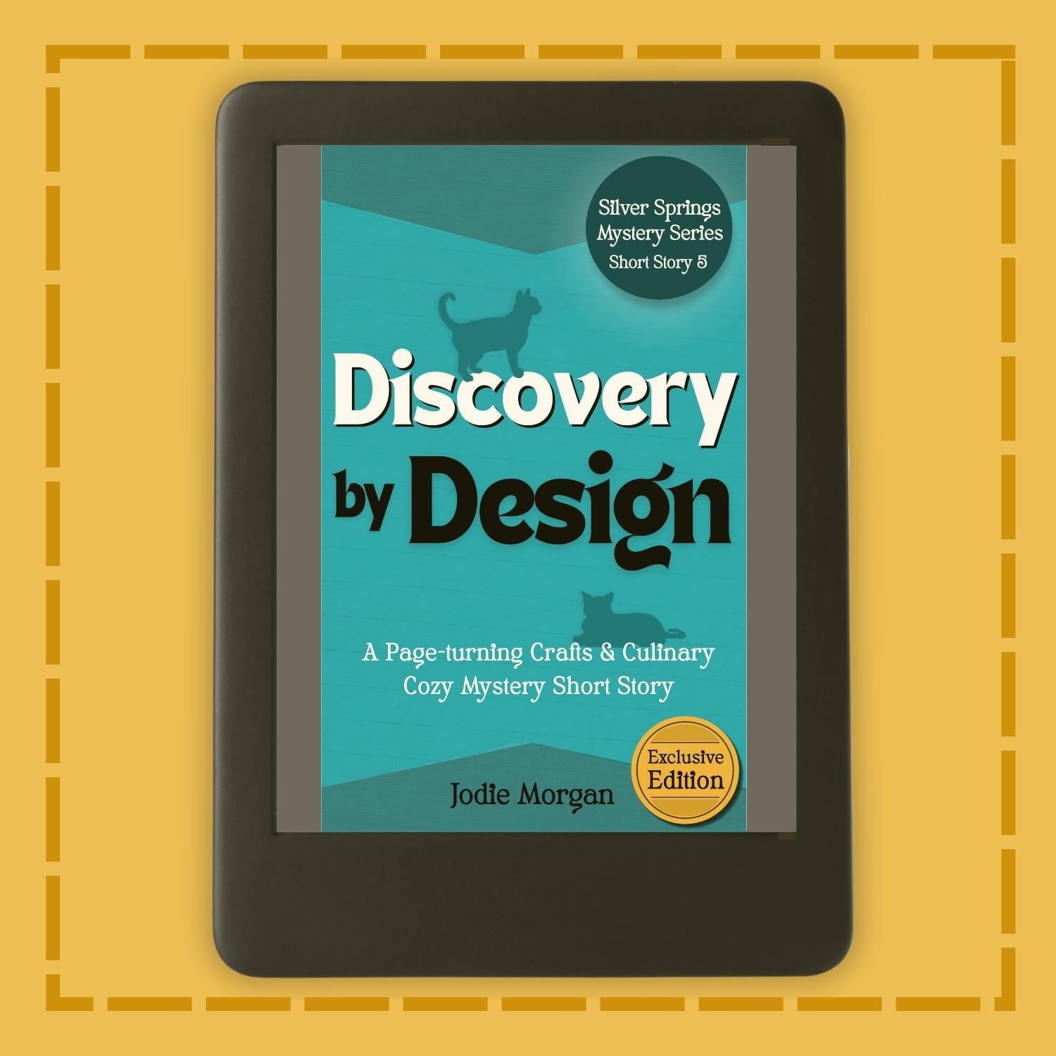 E-reader displaying a book cover titled 'Discovery by Design' on a yellow background