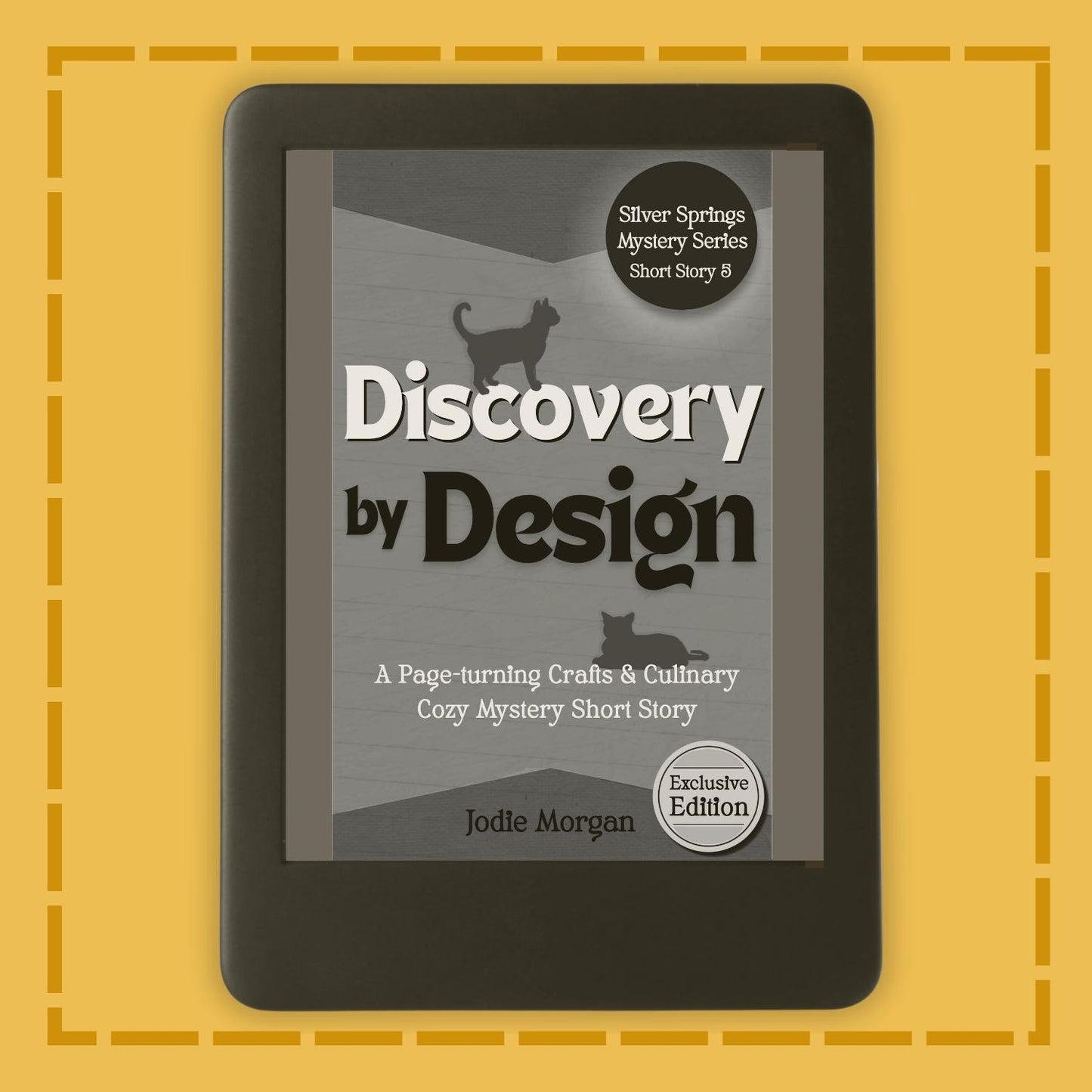 E-reader displaying a book cover titled 'Discovery by Design' on a yellow background
