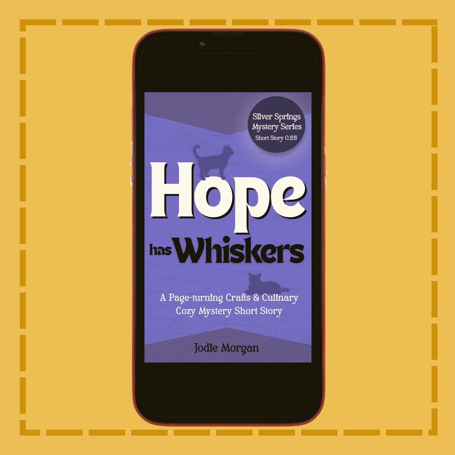 Phone displaying a book cover titled 'Hope has Whiskers' on a yellow background