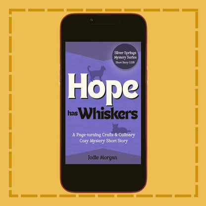 Phone displaying a book cover titled 'Hope has Whiskers' on a yellow background