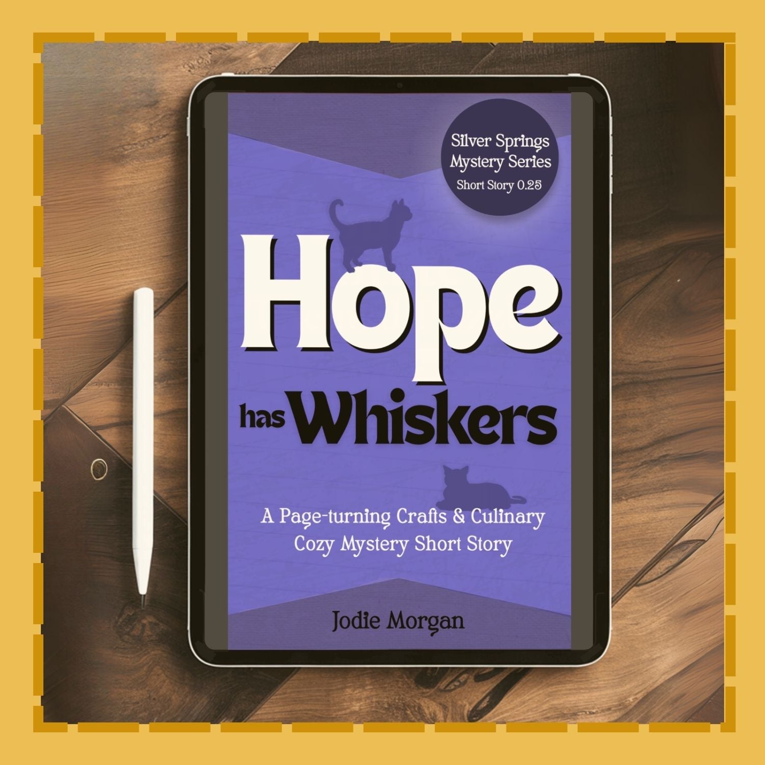 E-reader displaying the book cover 'Hope has Whiskers' by Jodie Morgan on a wooden surface.