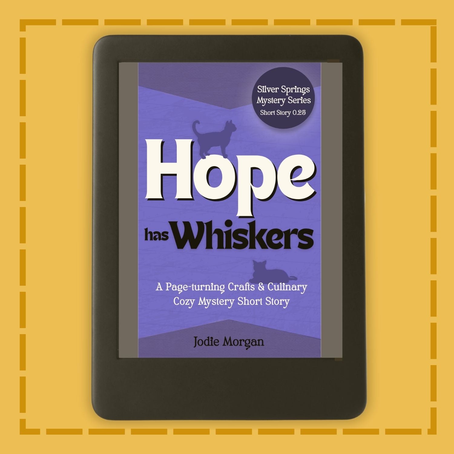 E-reader displaying a book cover titled 'Hope has Whiskers' on a yellow background