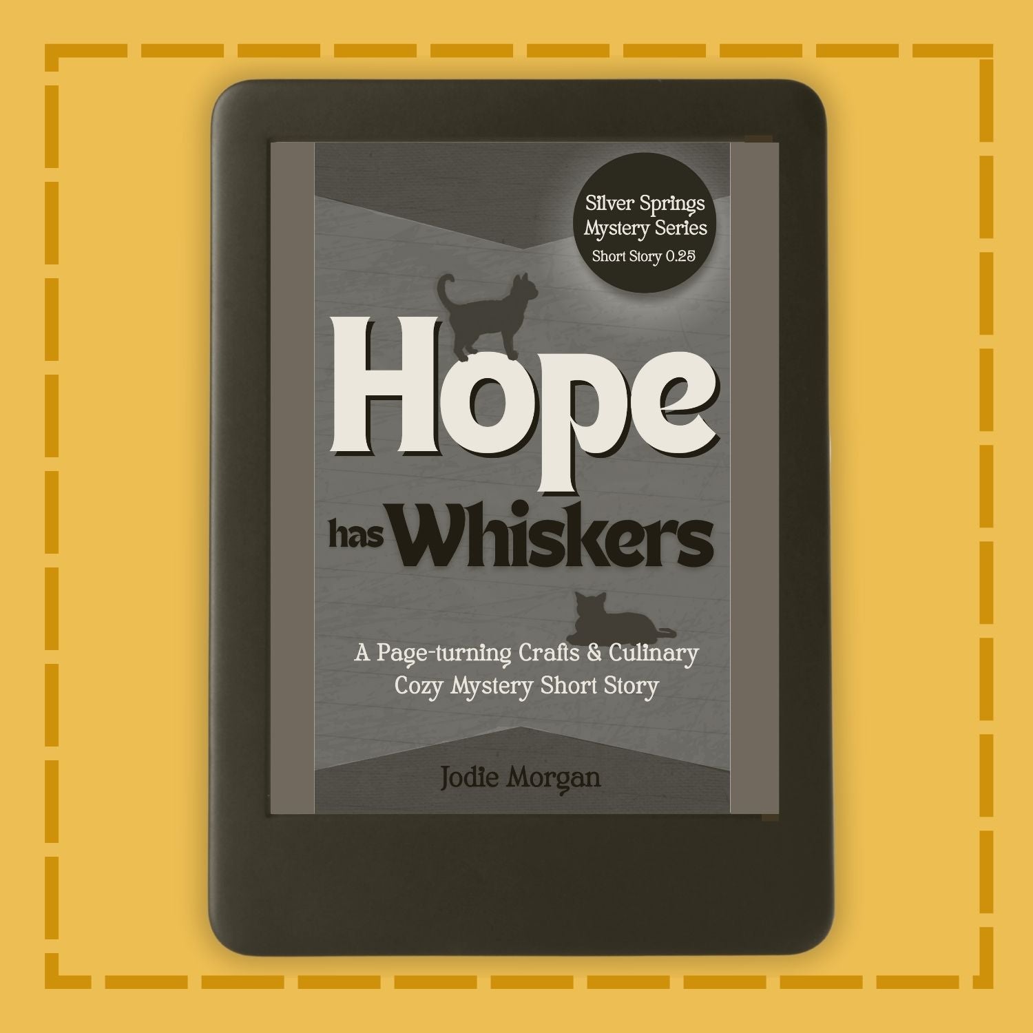 E-reader displaying a book cover titled 'Hope has Whiskers' on a yellow background