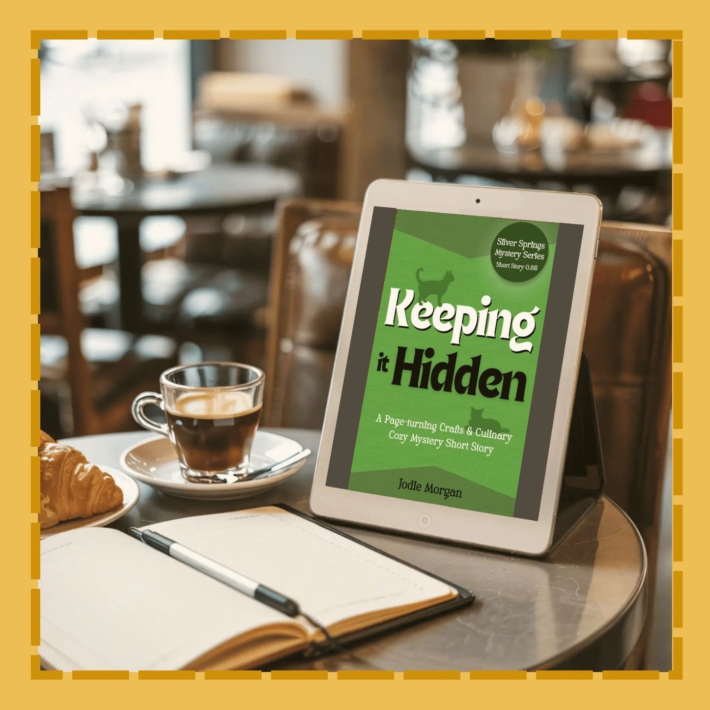 Tablet displaying a book cover titled 'Keeping it Hidden' on a table with a cup of coffee and a pastry.