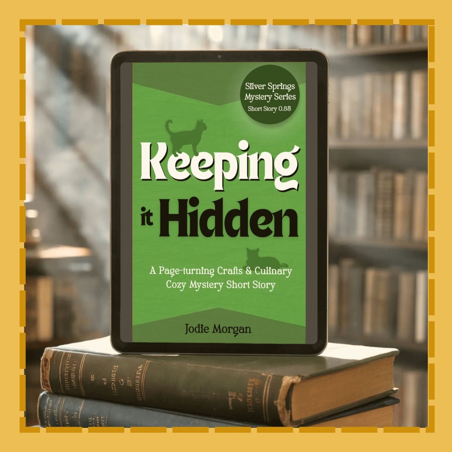 E-reader displaying a book cover titled 'Keeping it Hidden' on top of books with a blurred library background.