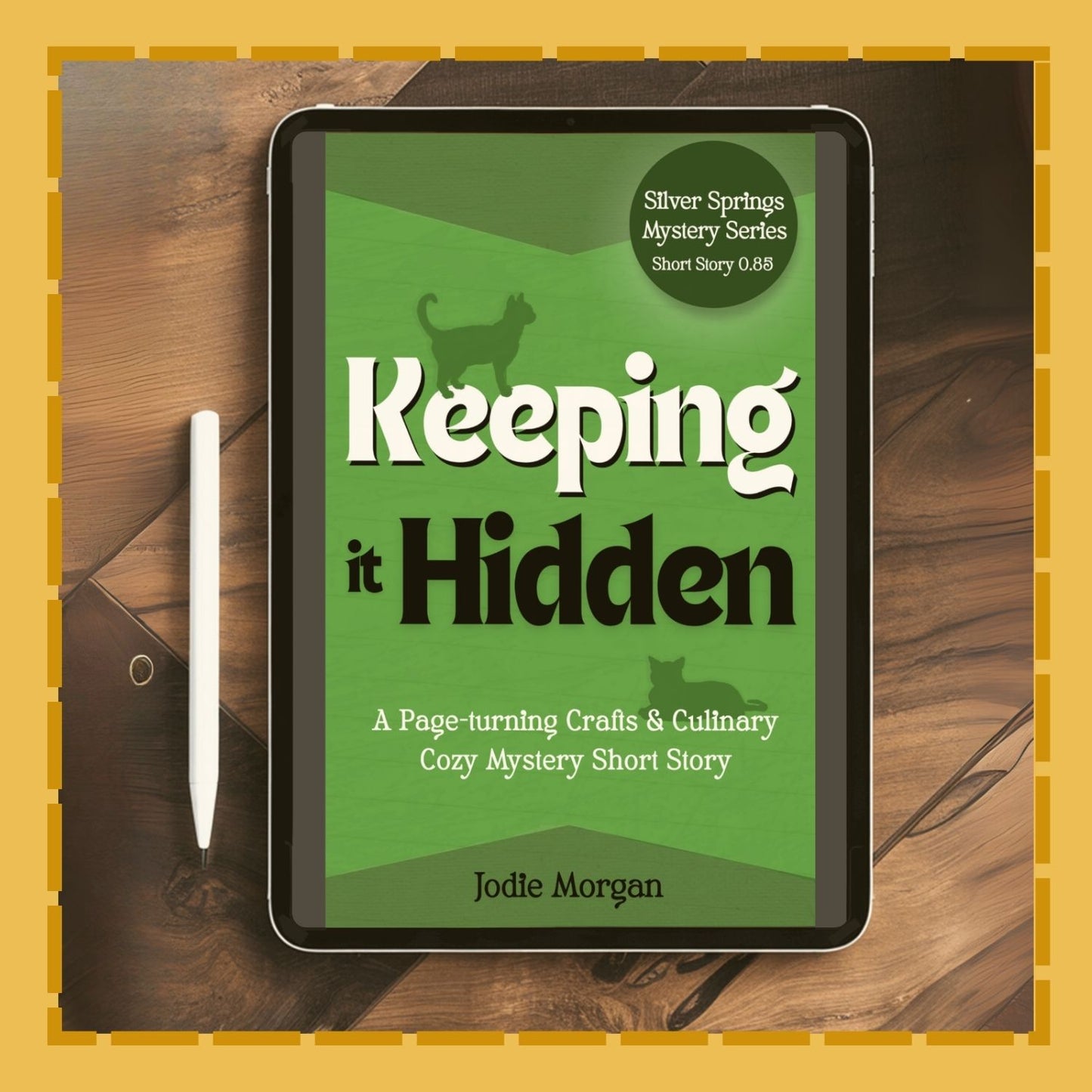 Ebook cover of 'Keeping it Hidden' on a tablet with a pen on a wooden surface