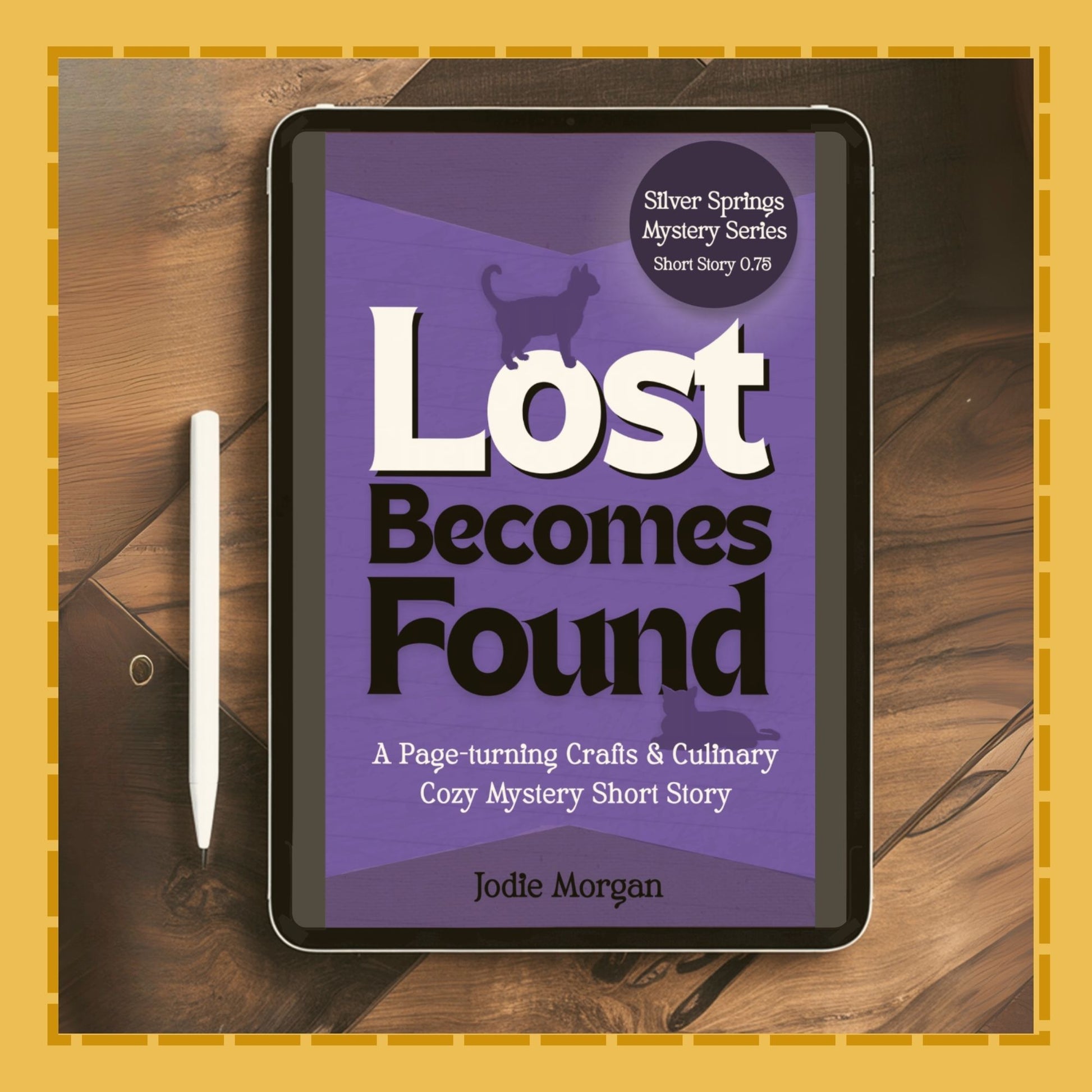 E-reader displaying the book cover of 'Lost Becomes Found' by Jodie Morgan on a wooden surface.