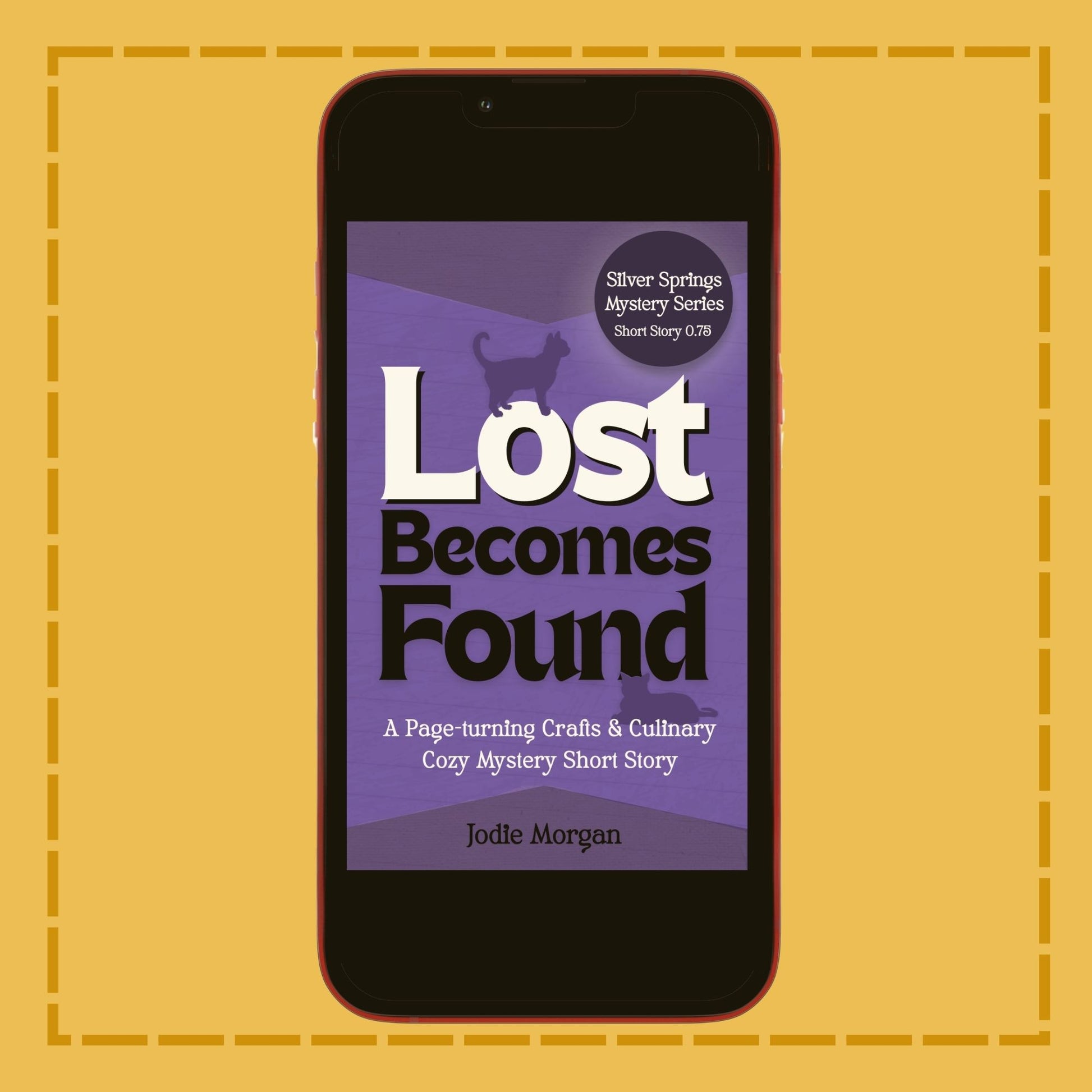 Phone displaying the book cover of 'Lost Becomes Found' on a yellow background