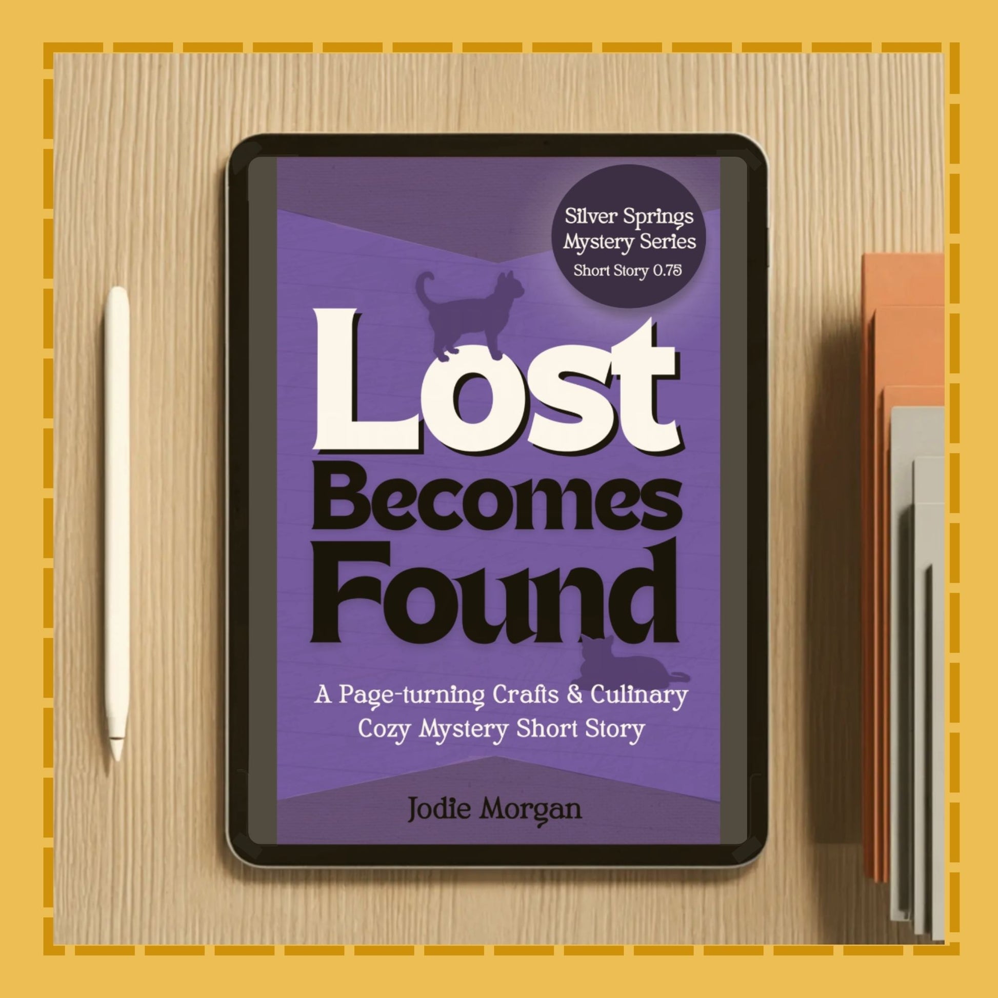 Tablet displaying the book cover 'Lost Becomes Found' by Jodle Morgan on a wooden surface.