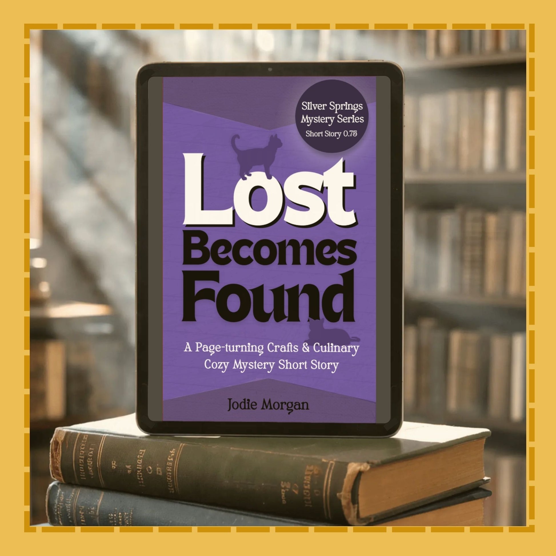 E-reader displaying 'Lost Becomes Found' on a stack of books with a blurred bookshelf background