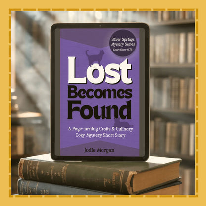 E-reader displaying 'Lost Becomes Found' on a stack of books with a blurred bookshelf background