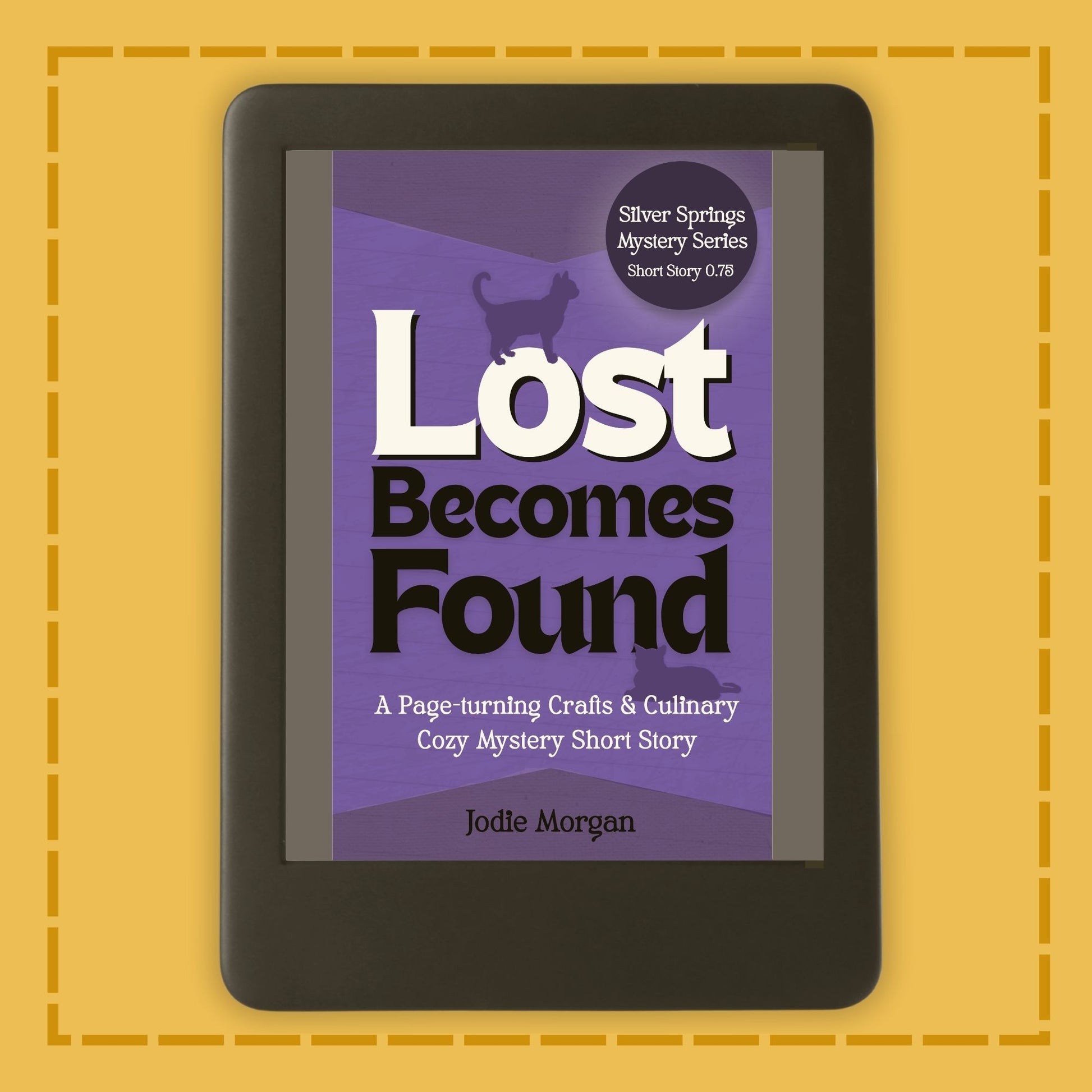 E-reader displaying a book cover titled 'Lost Becomes Found' on a yellow background