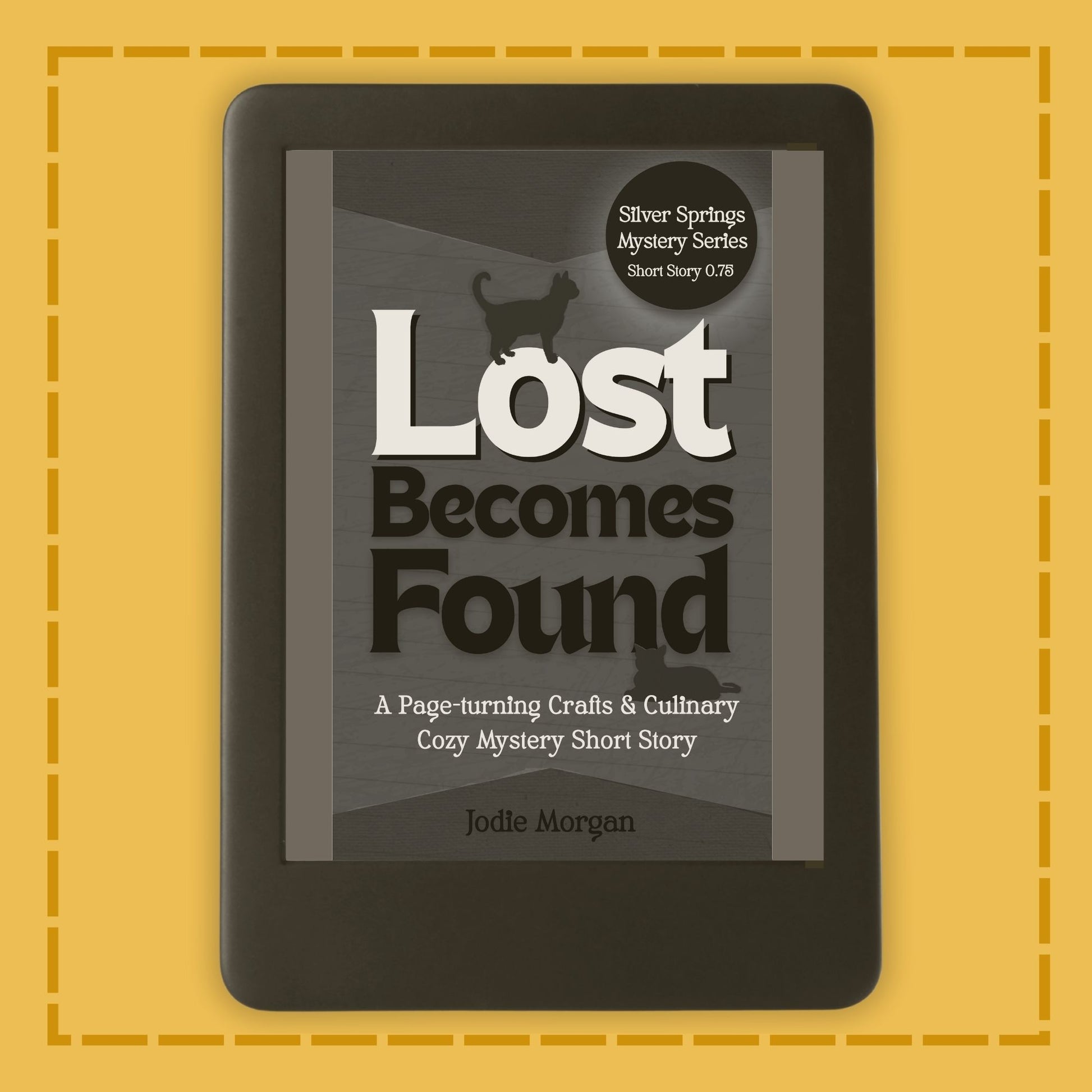 E-reader displaying a book cover titled 'Lost Becomes Found' on a yellow background