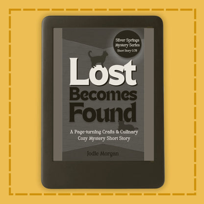 E-reader displaying a book cover titled 'Lost Becomes Found' on a yellow background