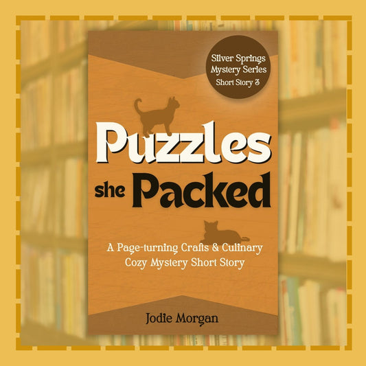 Book cover of 'Puzzles she Packed' by Jodie Morgan with a cat illustration on a wooden background.