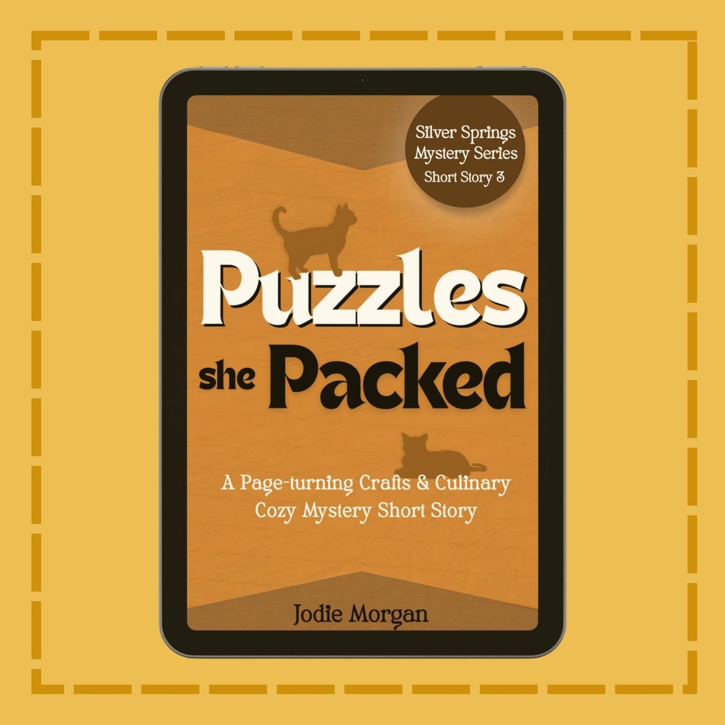 Book cover of 'Puzzles she Packed' by Jodie Morgan on a yellow background