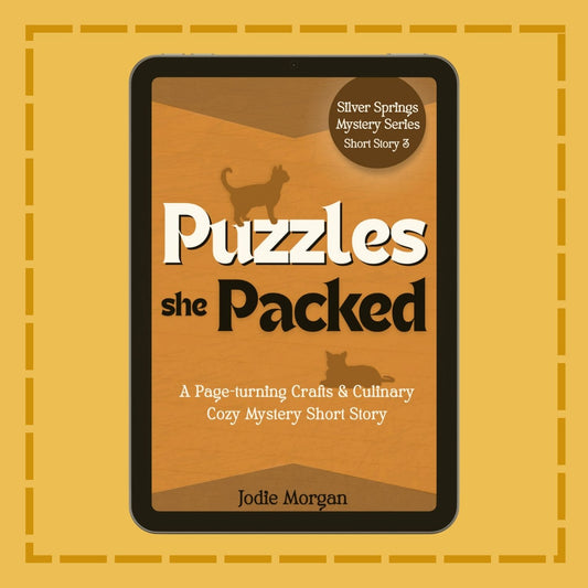 Book cover of 'Puzzles she Packed' by Jodie Morgan on a yellow background