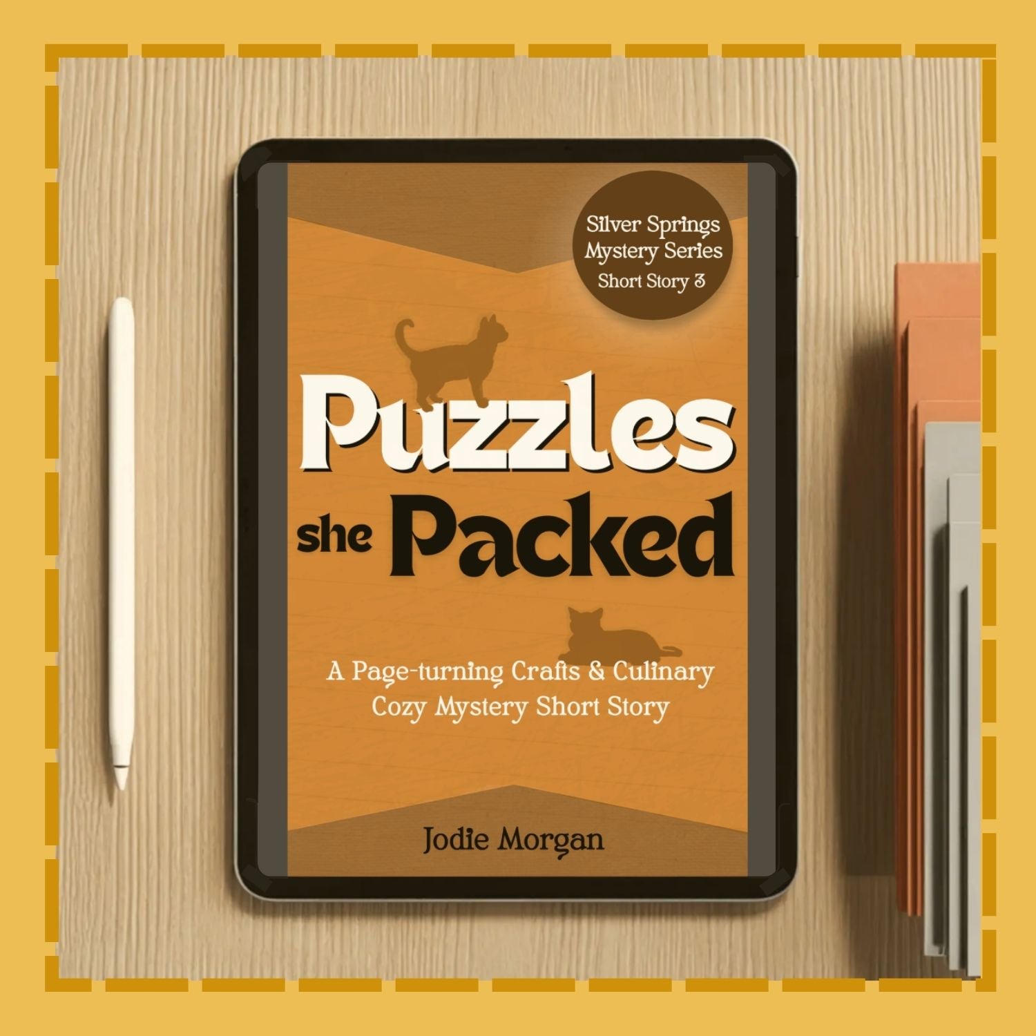 Ebook cover of 'Puzzles she Packed' on a digital device with a pen and notebook on a wooden surface.
