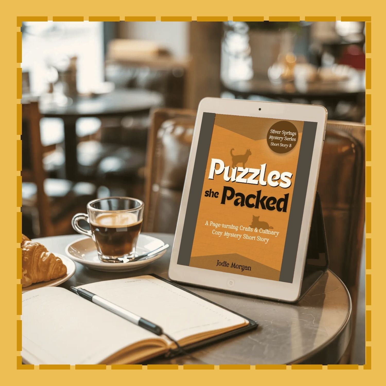 Tablet displaying a book cover titled 'Puzzles she Packed' on a table with a cup of coffee and pastry.