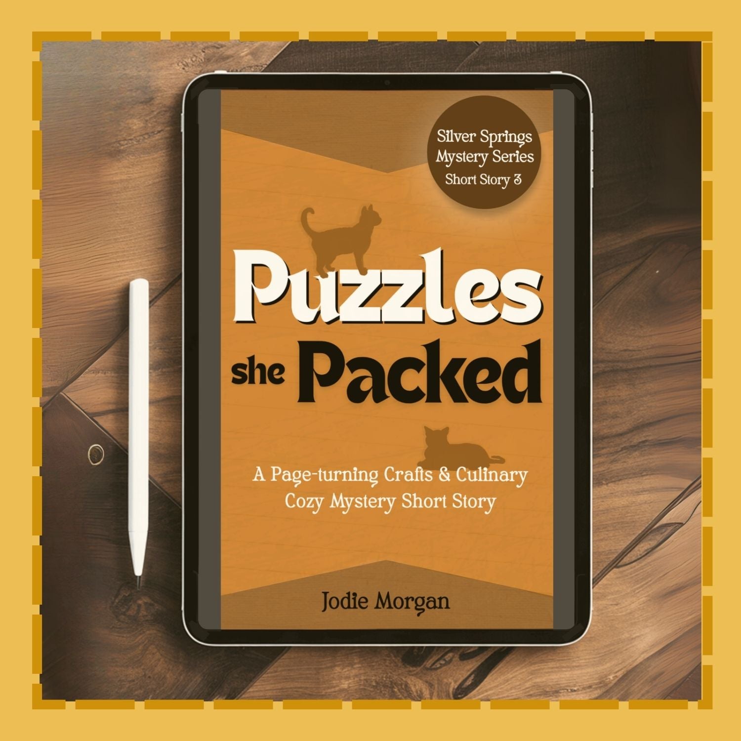 E-book cover of 'Puzzles she Packed' on a digital device with a wooden surface background